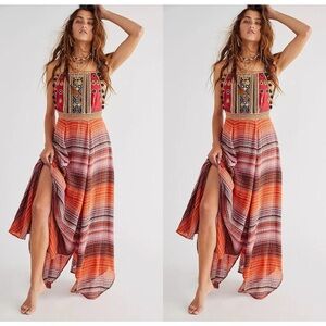 FREE PEOPLE red stripe embroidered maxi bohemian sleeveless dress NWT XS